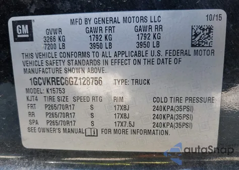 2016 Chevrolet Silverado 1500 1Lt из США, поврежденный, VIN 1GCVKREC6GZ128756